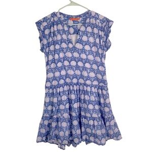 Oliphant Roll Sleeve Mini Dress Blue and White Block Print Size M